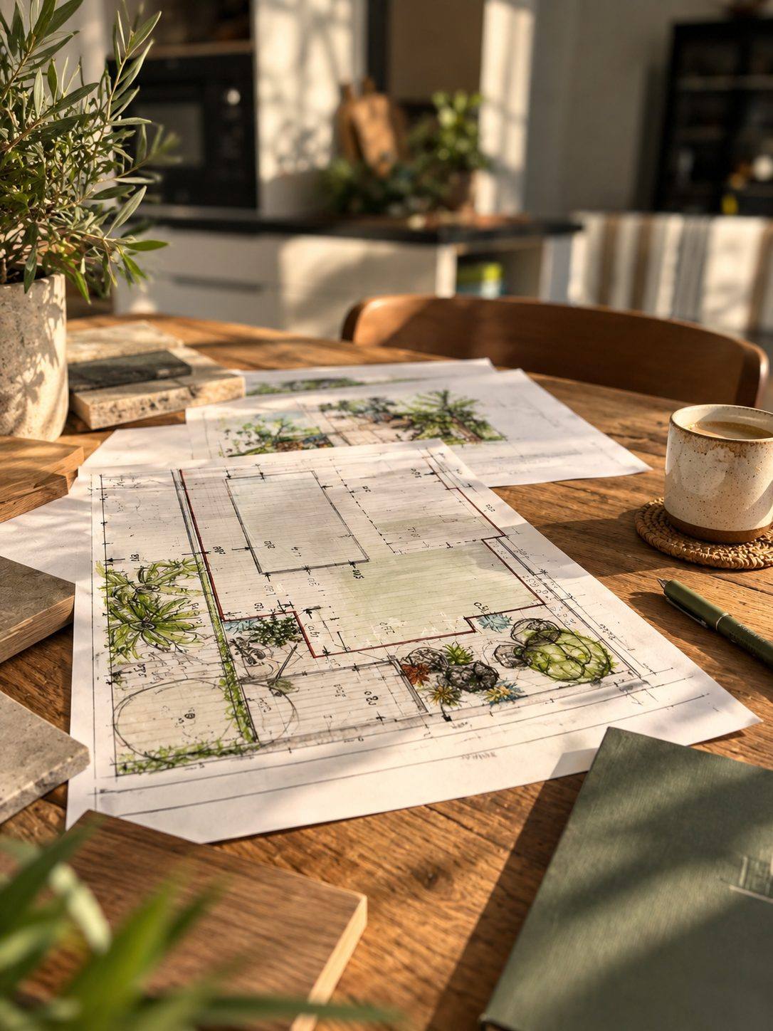Plan d'aménagement de jardin dessiné à la main, avec échantillons de matériaux